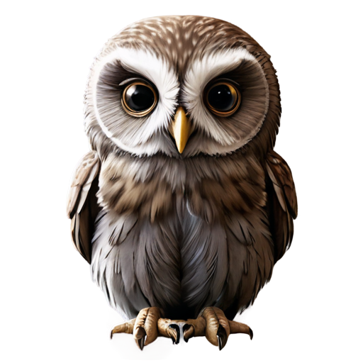 A small owl with large round eyes, a small beak, and tiny wings. Use soft, earthy tones like light browns and grays. - icon | sticker