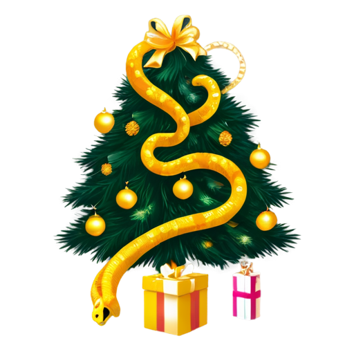 against the background of a New Year tree with gifts, a beautiful golden snake in the shape of a heart - icon | sticker