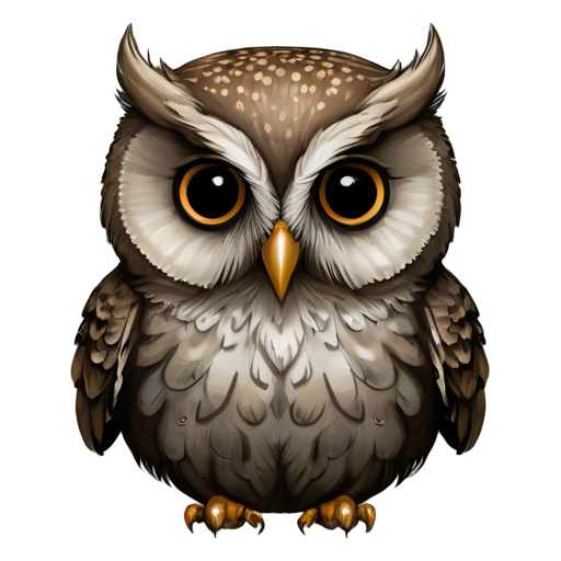 A small owl with large round eyes, a small beak, and tiny wings. Use soft, earthy tones like light browns and grays. - icon | sticker