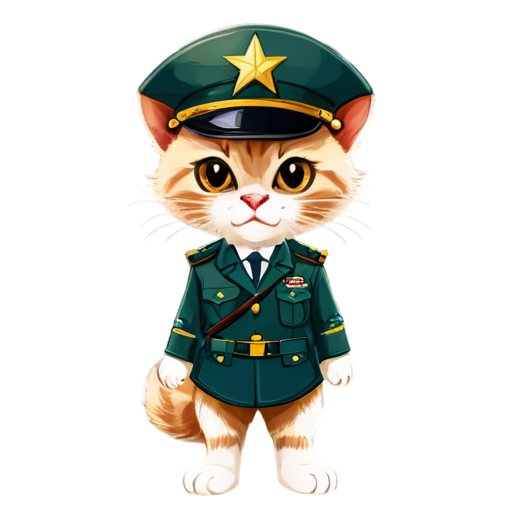 Angry kitten with brown eyes hands on hips in army generals uniform and hat with generals star cartoon - icon | sticker