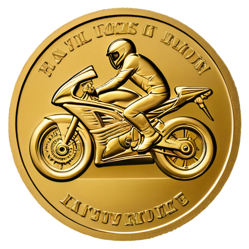 Solid gold coin featuring a fast motorbike. Embossed letting reads: Race Token - icon | sticker