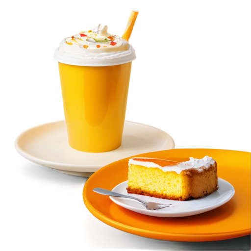 coffee to go and cake on a plate in yellow-orange colors - icon | sticker