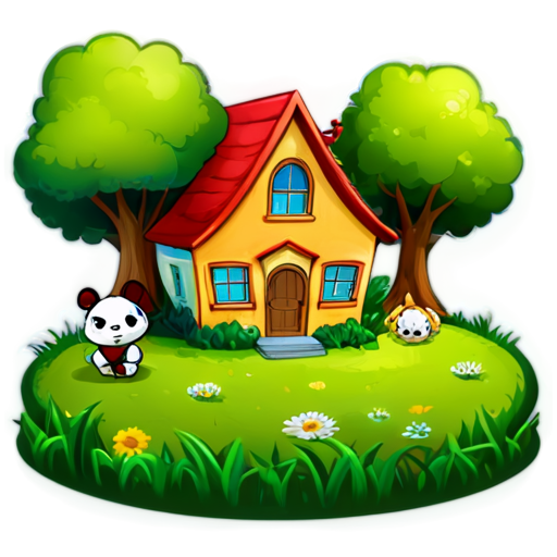 There is a house on the grass and there are animals around. - icon | sticker