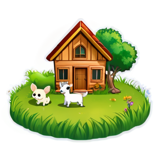 There is a house on the grass and there are animals around. - icon | sticker