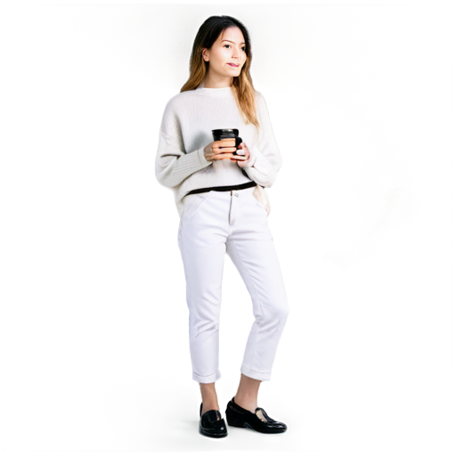 create a girl standing in a park holding a glass of coffee, dressed in a white sweater and white pants, with black loafers on her feet and a white bag, with her long hair loose - icon | sticker