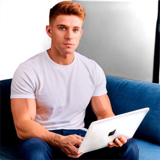 gorgeous male, auburn hair clean shaven, honey colored eyes, muscular, black t shirt, sitting in an living room in front of a lap top, neon pink and blue tonality - icon | sticker