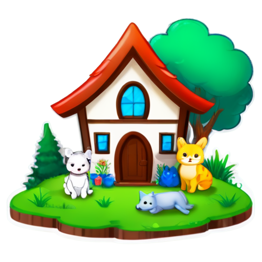 There is a house on the grass and there are animals around. - icon | sticker