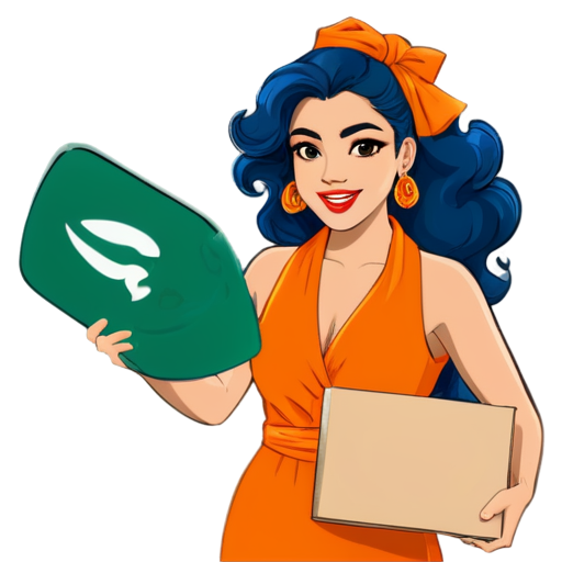 Design a Pop Art vector of a lively lady latín carrying a woven box with an orange shawl. A vibrant and exuberant woman sending a WhatsApp message, with the iconic WhatsApp logo discreetly incorporated into the scene. - icon | sticker