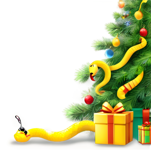 against the background of a New Year tree with gifts is a beautiful golden snake - icon | sticker