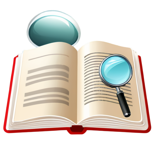 An open book with a magnifying glass hovering over it, symbolizing comprehension and focus on details. - icon | sticker