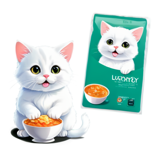 Maskot kucing Putih suka makan Dan ngopi. Memiliki karakter Lucu Dan gemoy, kombinasiiii warna Putih - icon | sticker