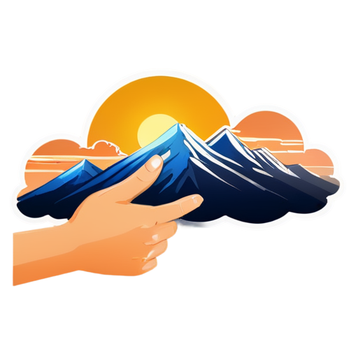 A hand reaches out towards the distant mountains and clouds at sunrise, with a nascent sun in the top right corner. - icon | sticker