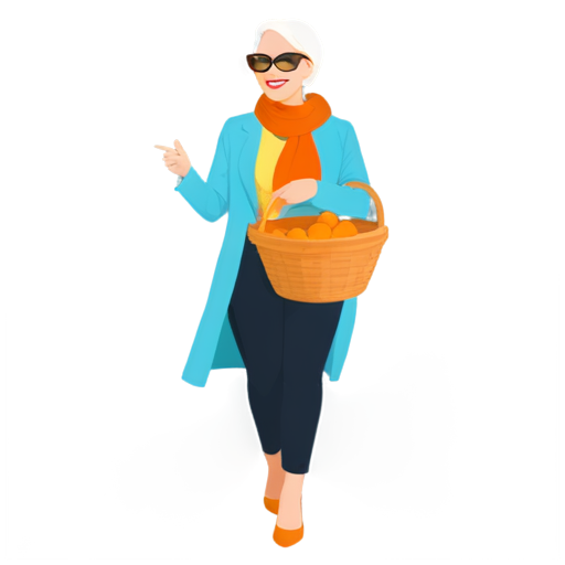 Design a Pop Art vector of a lively lady carrying a woven basket filled with an orange shawl. A vibrant and exuberant woman sending a WhatsApp message, with the iconic WhatsApp logo discreetly incorporated into the scene. - icon | sticker