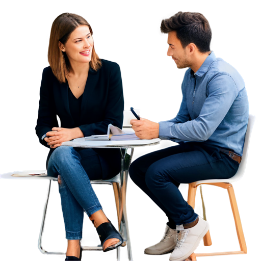 woman designer sitting um a chair, with a clipboard writing, face to face with a client chatting also sitting. there is a table between then. show all scene. there are two person - icon | sticker