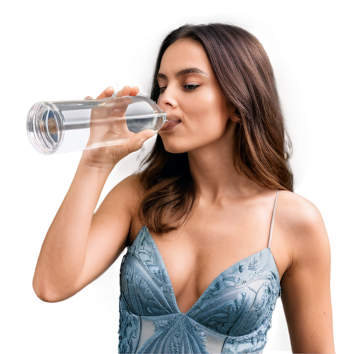 beautiful woman in expensive dress drinks water from glass - waist-up photo - icon | sticker