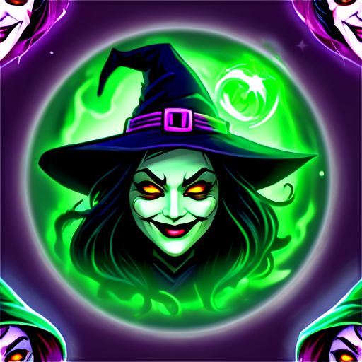 A dark and mysterious icon representing the legendary witch Tasha. The icon features a grinning mask with glowing, arcane symbols etched into it. Wisps of shadow swirl around the mask, and faint purple and green light emanates from its eyes, giving an eerie, magical glow. The background is a spiral of dark mist, subtly hinting at a chaotic, otherworldly force. The icon evokes both mystery and danger, with a touch of ancient magic. - icon | sticker