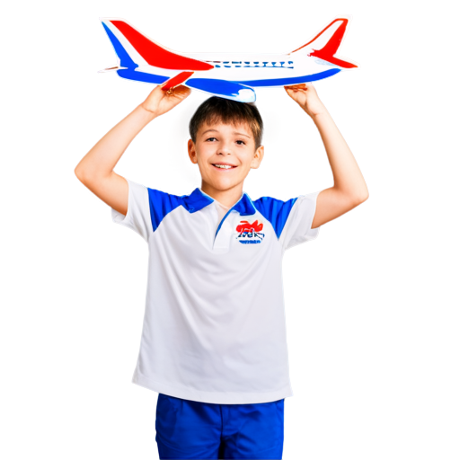 simplicity , three-color large pentagonal logo, white background , Russian happy boy master inventor holding a large airplane in his hand above his head, taking off into the clouds - icon | sticker