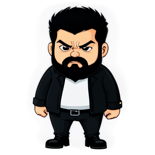 fat bearded man with BLACK darkhair and gray almost white beard and moustache, dressed in black tactic wear, with nothing in his hands, and wearing black boots, big open eyes and angry exression - icon | sticker