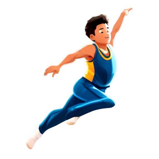 An icon for an app designed for middle school students to practice standing long jump. The icon features a middle school boy, exerting effort as he jumps, with his body fully stretched mid-air. It aims to convey a sense of speed and momentum, like a gust of wind. - icon | sticker