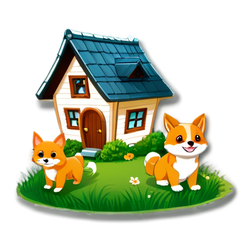 There is a house on the grass and there are animals around. - icon | sticker