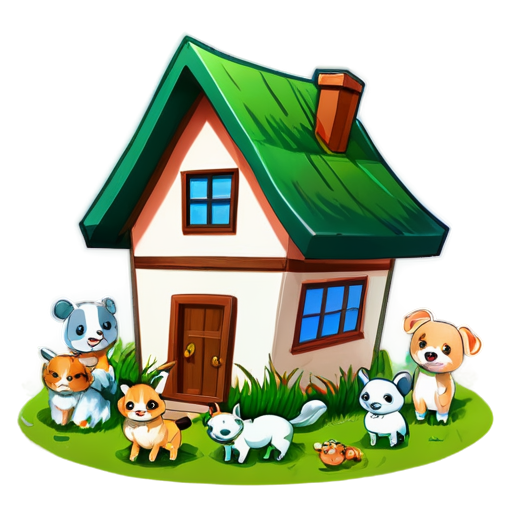 There is a house on the grass and there are animals around. - icon | sticker