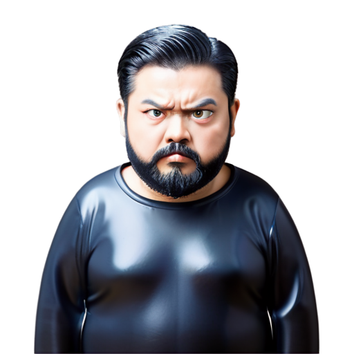 fat bearded man with BLACK darkhair and gray almost white beard and moustache, dressed in black tactic wear, with nothing in his hands, and wearing black boots, big open eyes and angry exression - icon | sticker