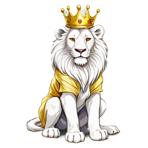 A white lion with a crown on his head and the body of a man sits on a golden throne and is dressed in yellow silk clothes - icon | sticker