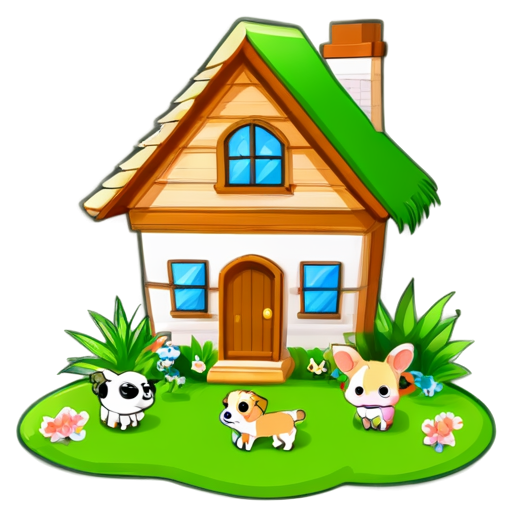 There is a house on the grass and there are animals around. - icon | sticker