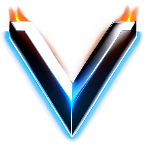 A sleek and modern 'V' shape design with a futuristic and high-tech aesthetic. The 'V' is illuminated with neon blue and white glowing lights, surrounded by dynamic fiery effects with bright orange and red flames. The background should be transparent, emphasizing the glowing 'V' and fire. The overall design should be minimalist, visually striking, and convey a sense of advanced technology and energy. - icon | sticker