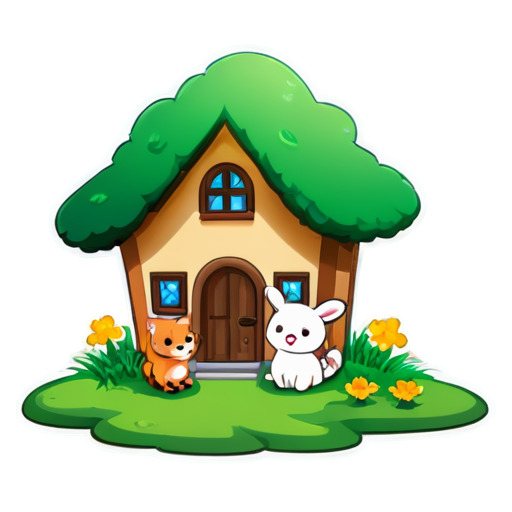 There is a house on the grass and there are animals around. - icon | sticker