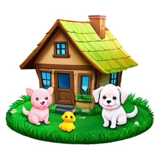 There is a house on the grass and there are animals around. - icon | sticker