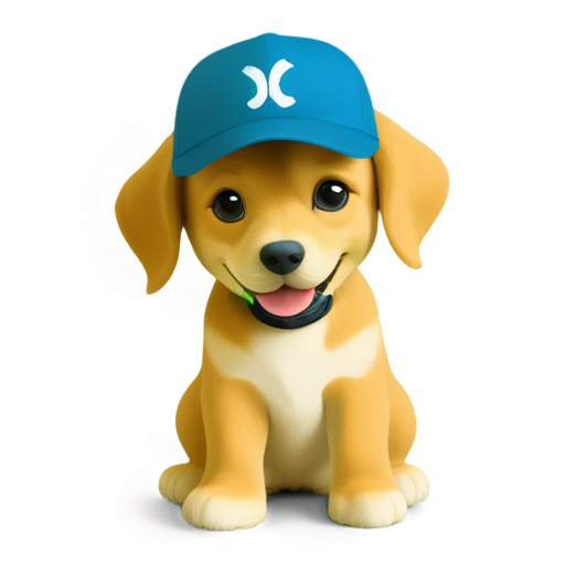 Happy blue and green dog with a cap with the inscription "————-" - icon | sticker