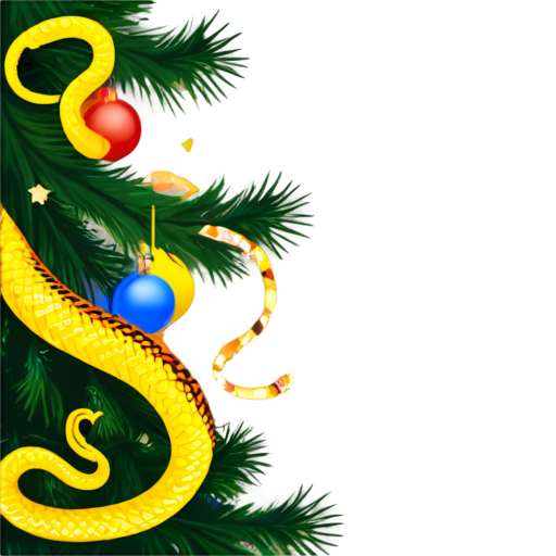 against the background of a New Year tree with gifts is a beautiful golden snake - icon | sticker