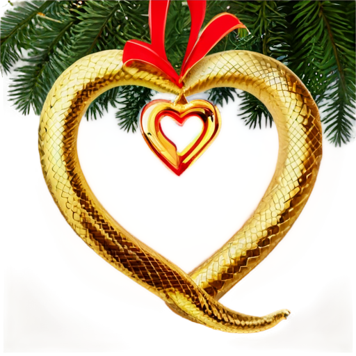 against the background of a New Year tree with gifts, a beautiful golden snake in the shape of a heart - icon | sticker