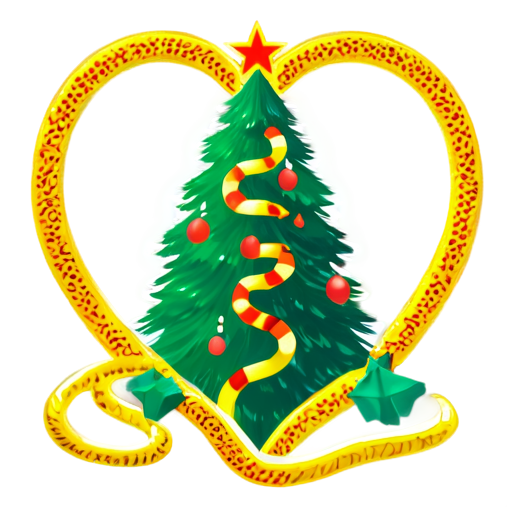 in the background is a New Year tree with gifts. in the foreground is a golden snake in the shape of a heart. the inscription "Health, love, prosperity" - icon | sticker