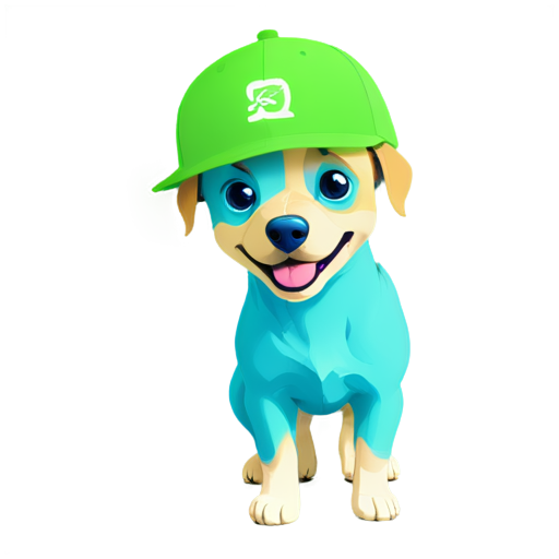 Happy blue and green dog with a cap with the inscription "————-" - icon | sticker