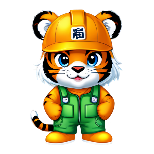 The mascot of the Two Floors construction company is a tiger in a construction helmet and construction overalls. Humanized and muscular! The helmet on the tiger is orange. - icon | sticker