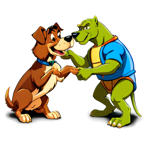 Poster of a fight between a dog named Lady from the 1955 cartoon Lady and the Tramp against Leonardo from the 1990 Teenage Mutant Ninja Turtles. Add the inscription "Battle of cartoons this Sunday" - icon | sticker