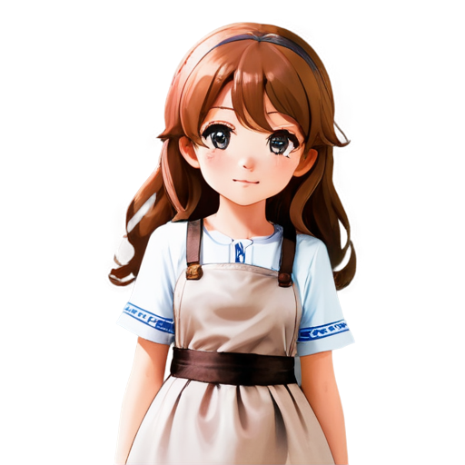 Anime girl,stands with a mix of vulnerability and confidence. A soft blush highlights her freckles, while her tousled auburn curls drape over her shoulders. Her pastel dress, slightly low-cut, hugs her figure, emphasizing the gentle sway of her hips. An apron tied around her waist adds innocence to her playful allure. Her deep hazel eyes invite warmth, hinting at stories over coffee. Each graceful, teasing movement makes her charm irresistible - icon | sticker