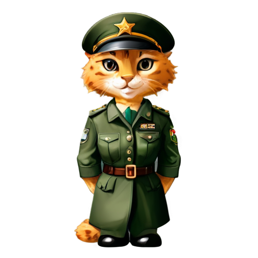 Cartoon female lynx in army uniform with hat and generals star - icon | sticker