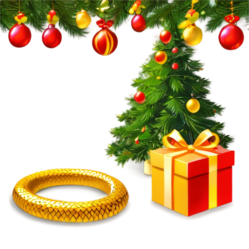 against the background of a New Year tree with gifts is a beautiful golden snake - icon | sticker