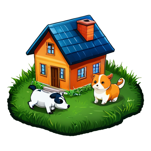 There is a house on the grass and there are animals around. - icon | sticker