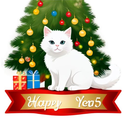 Create a New Year card design that shows a white fluffy cat sitting in front of a beautifully decorated Christmas tree and wishes everyone a Happy New Year 2025. - icon | sticker