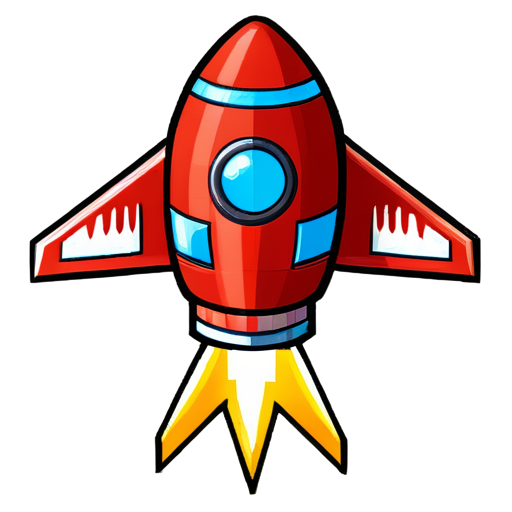 a small space rocket with a red body and orange wings and one large round porthole , 8 bit style - icon | sticker