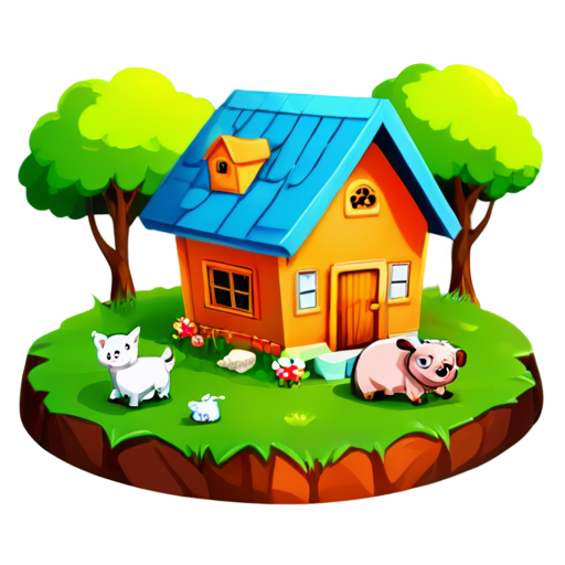 There is a house on the grass and there are animals around. - icon | sticker