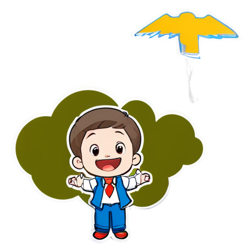 simplicity , three-color large pentagonal logo, white background , Russian happy boy master inventor holding a large airplane in his hand above his head, taking off into the clouds - icon | sticker