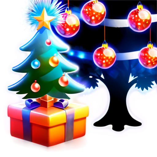 New Year tree decorated with balls and garlands. gifts under the tree. fireworks behind the tree - icon | sticker