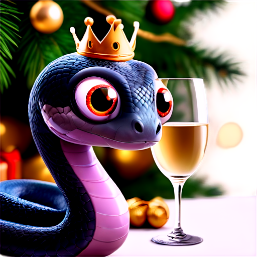 Cute black snake in a crown, big eyes, long eyelashes, white background, 3 D model, cartoon style, realistic, wraps around a glass of champagne, next to the branches of the Christmas tree, png - icon | sticker