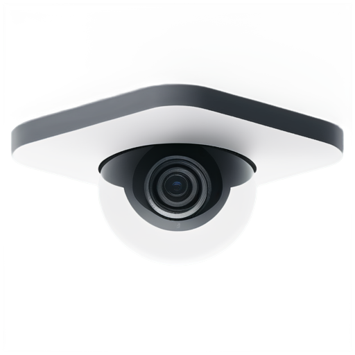 imagine a square CCTV camera on a mount on a white background with a sight reflected in the lens - icon | sticker