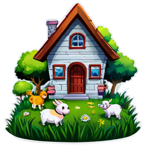 There is a house on the grass and there are animals around. - icon | sticker